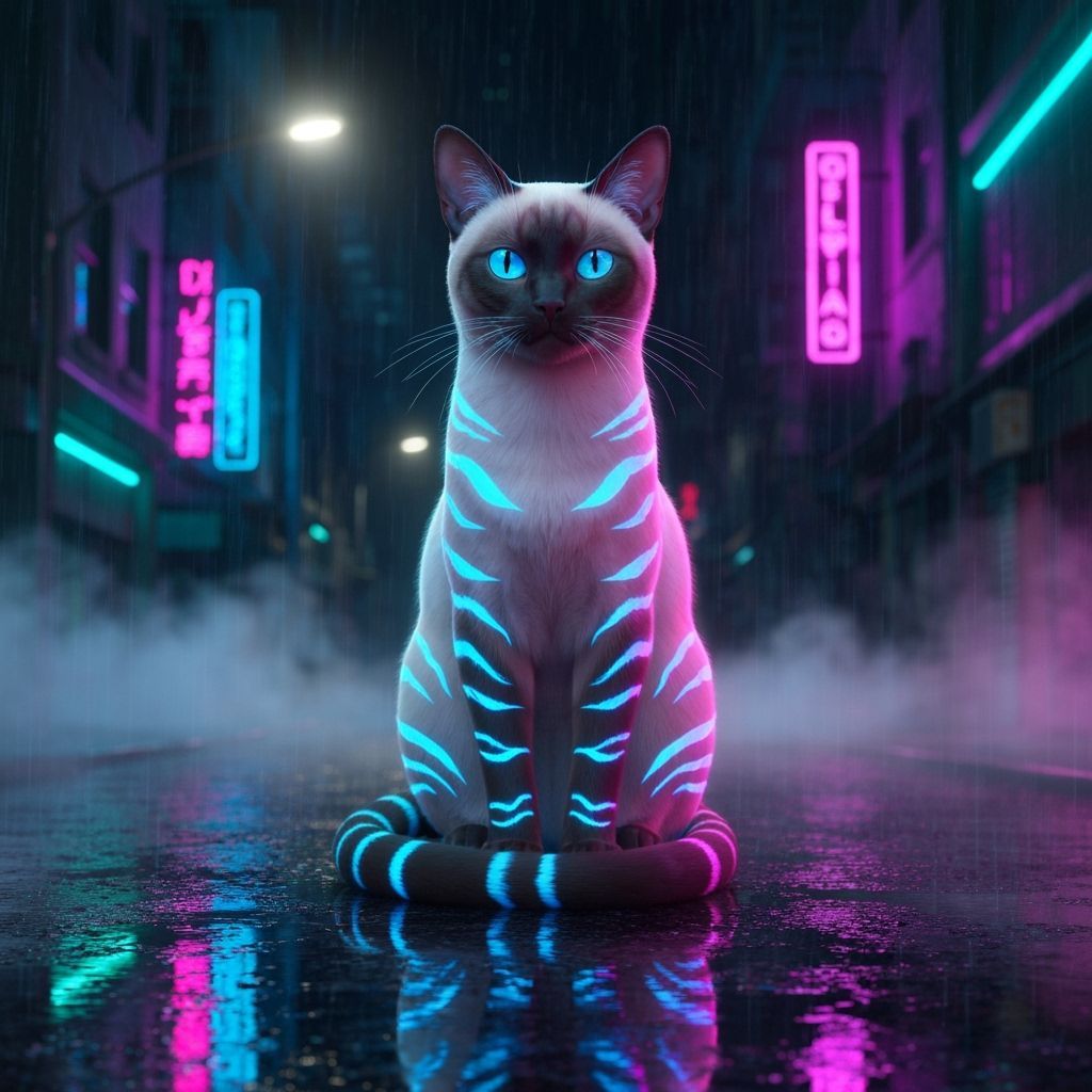 Regal Siamese Cat on Neon City Street