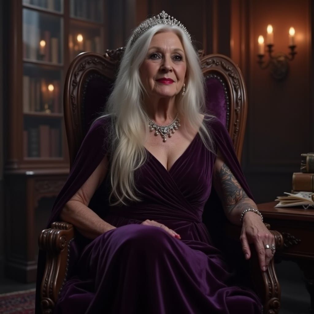 In a dimly lit, gothic library, an elegant elderly woman <lo...