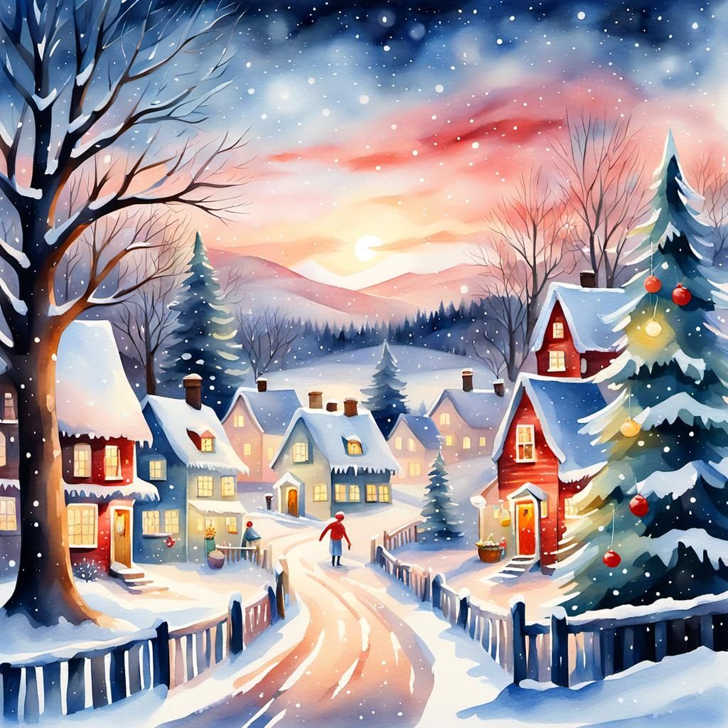 Christmas in Maine Village: Watercolor Oil Painting