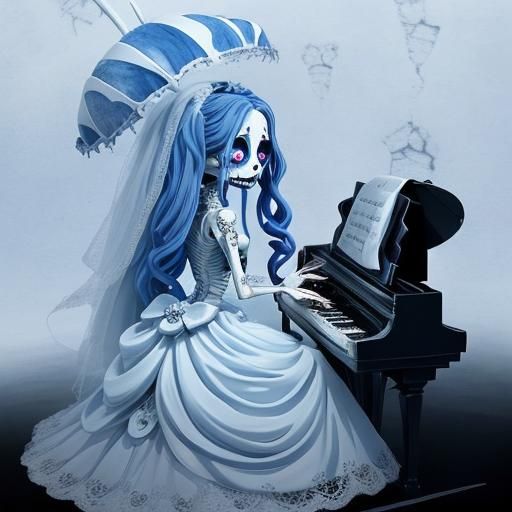 Creepy Cute Dead Bride Playing Piano in Burton Style
