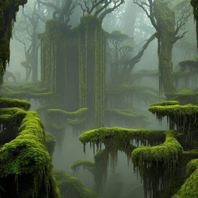 Eerie Jungle Temple Ruins in a Surreal Style