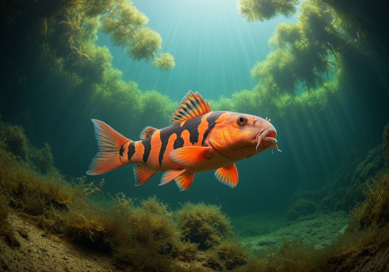Clown Loach in Natural Fish Pond, Scientific Illustration
