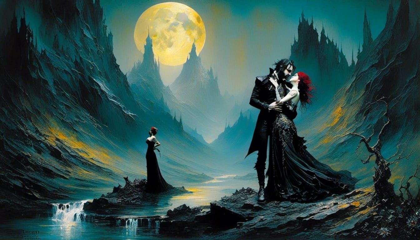 Old Warrior's Moonlit Embrace: Impasto Love Scene