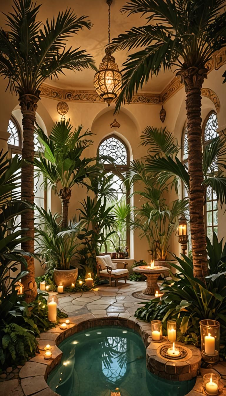 Arabian Wellness Oasis with Palms and Candles