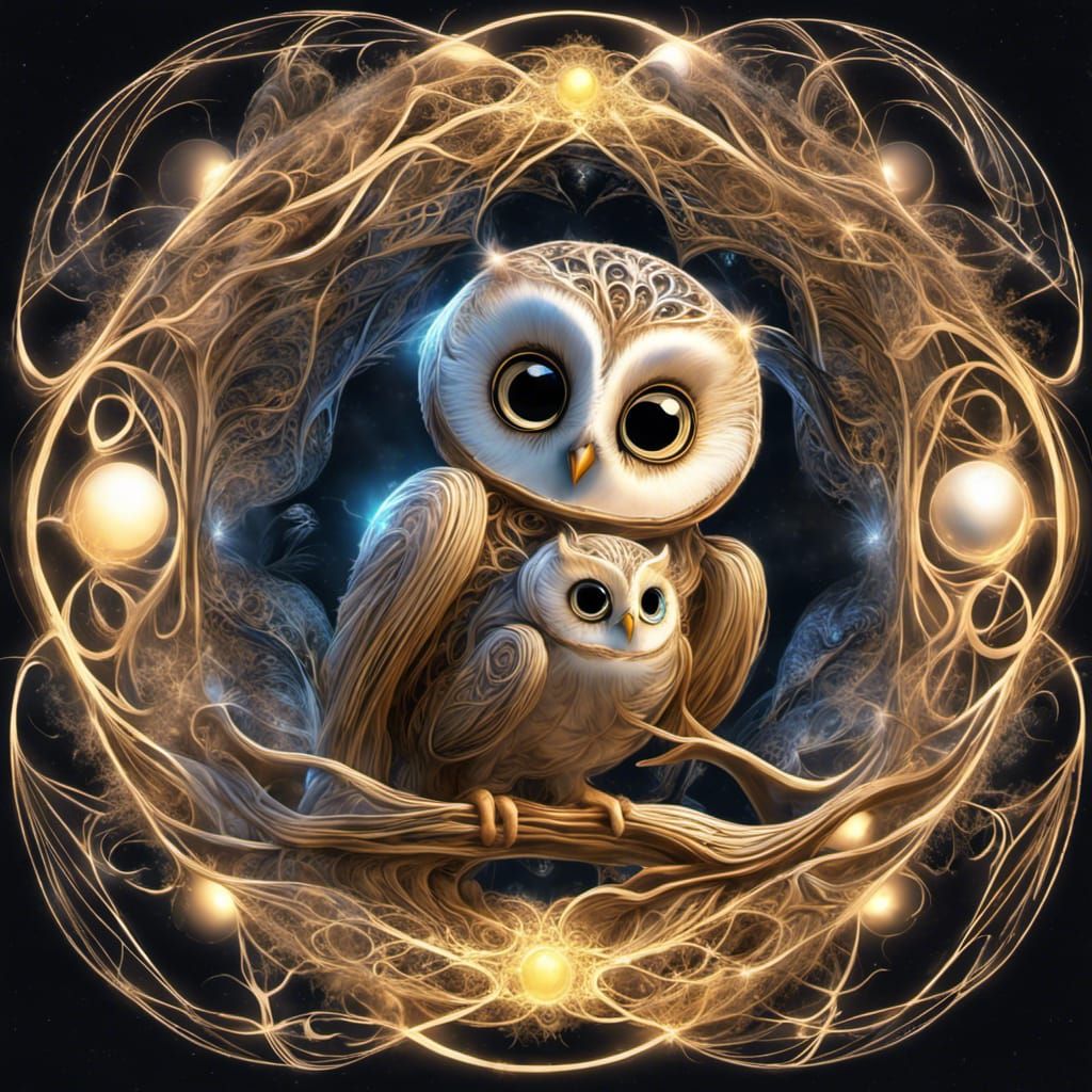 Fractal Owl Family Under Moonlight: Bioluminescent Graffiti ...