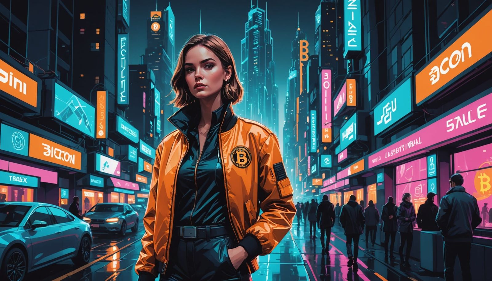 Bitcoin Model in Cyberpunk Cityscape