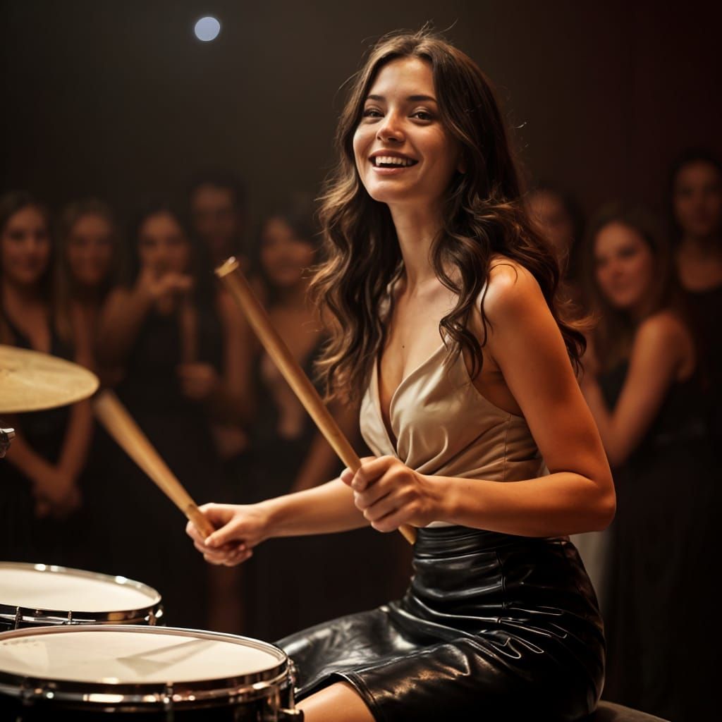 Young Brunette Drummer in Leather Skirt
