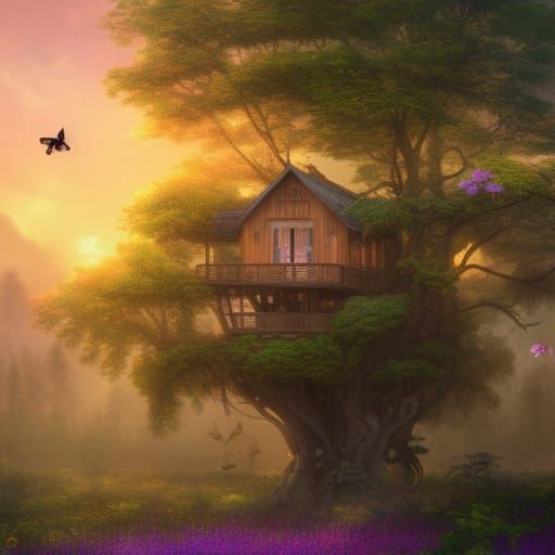 Wooden Treehouse with Violet Flowers at Sunset