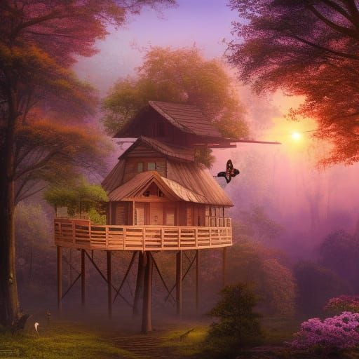 Wooden Treehouse with Violet Flowers at Sunset