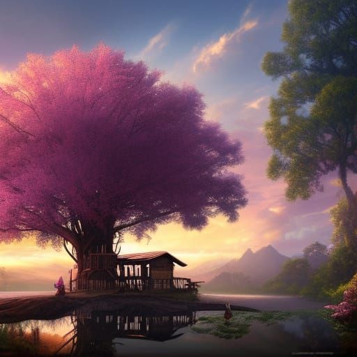 Fantastical Treehouse with Violet Flowers at Sunset