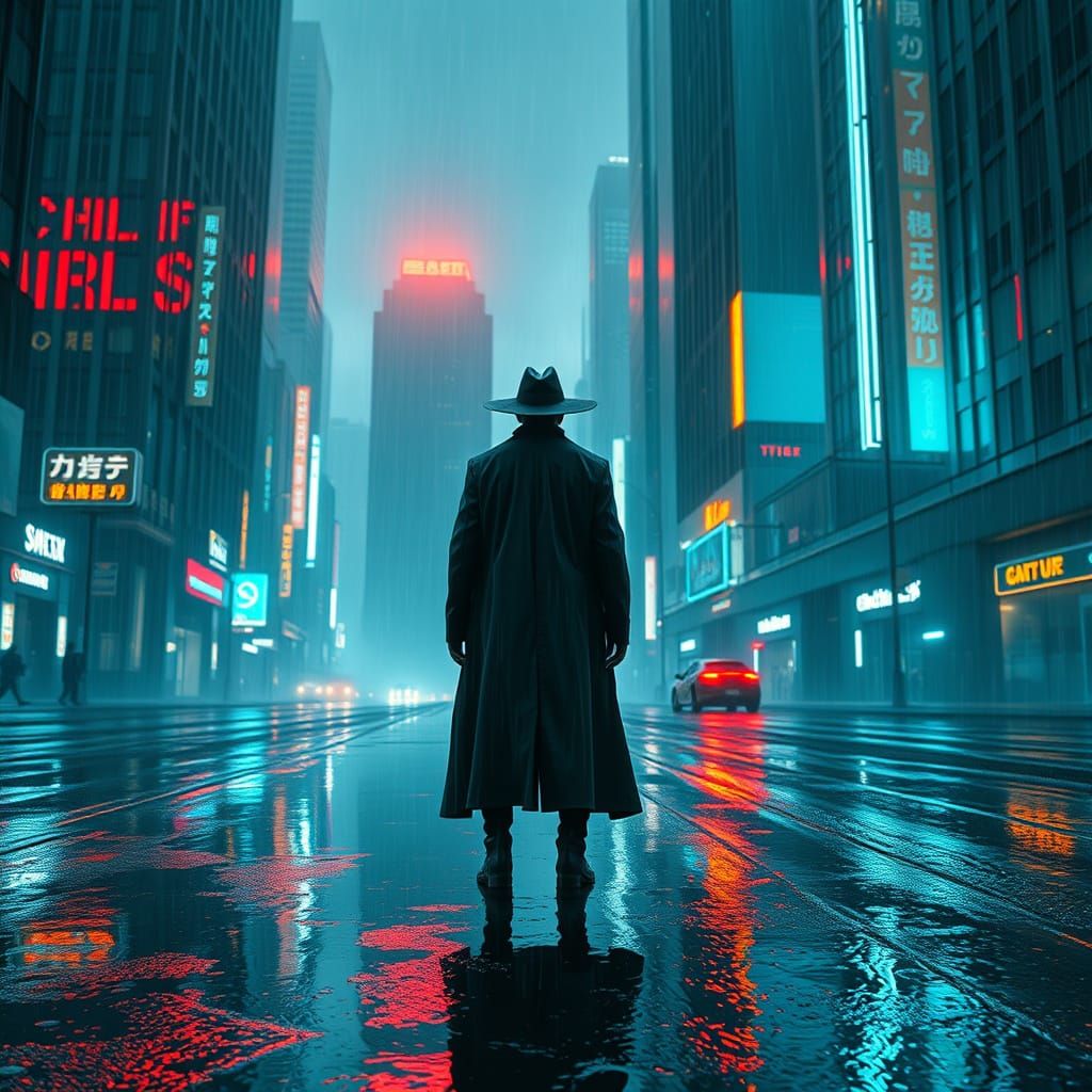 Futuristic Cityscape with Figure in Cyberpunk Style