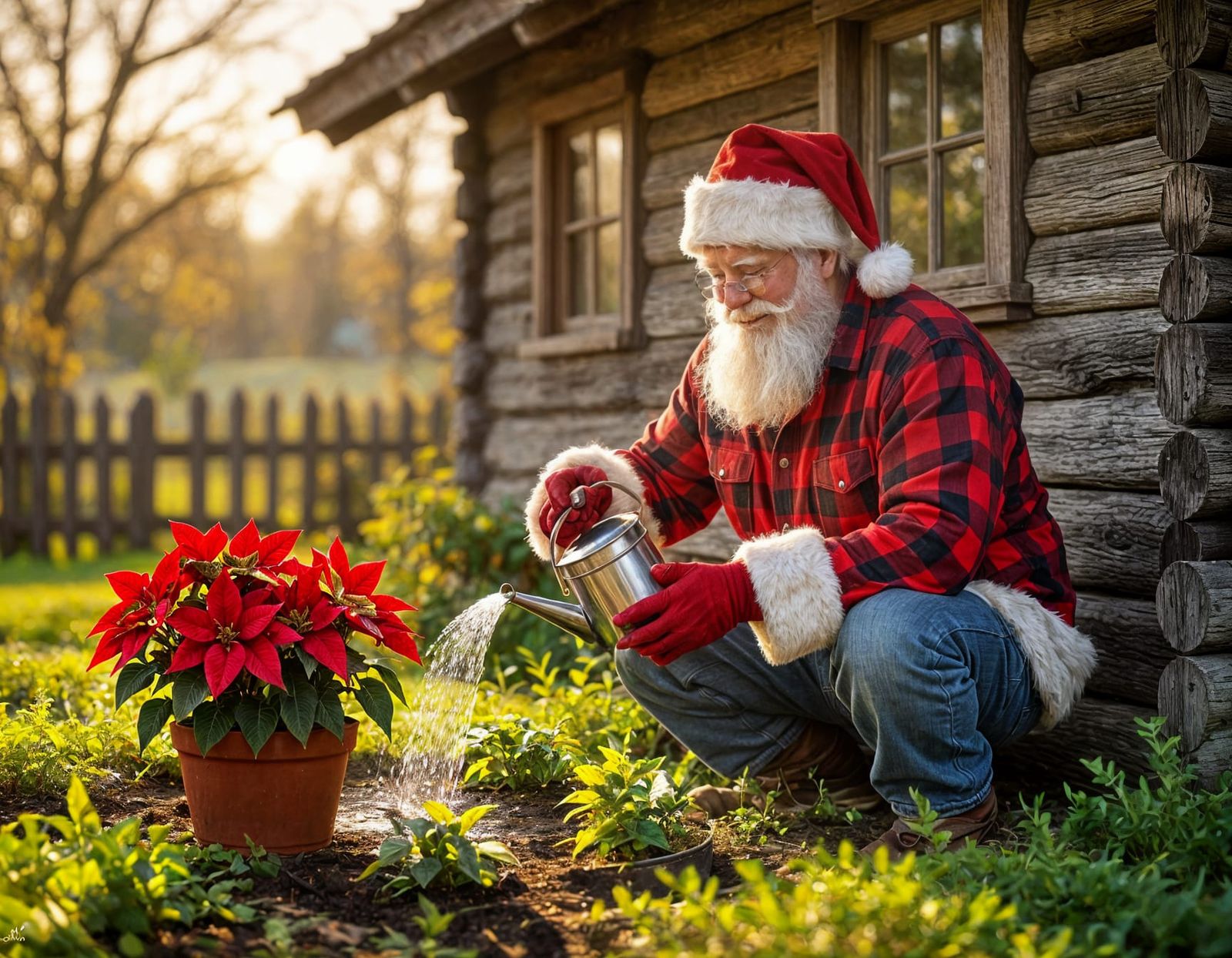 Santa Tends Cozy Garden Behind Rustic Cottage