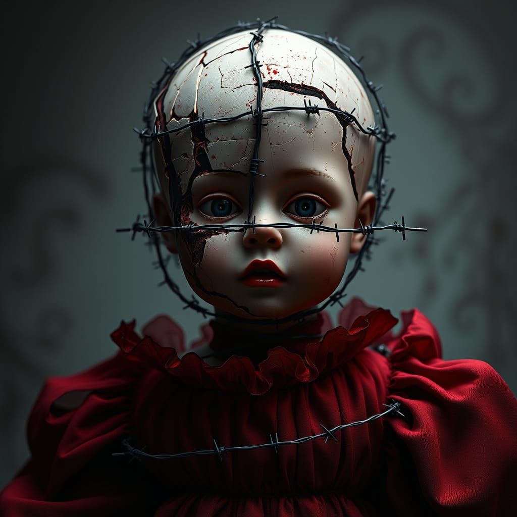 Haunting Close-Up of a Cracked Porcelain Doll in Barbed Wire