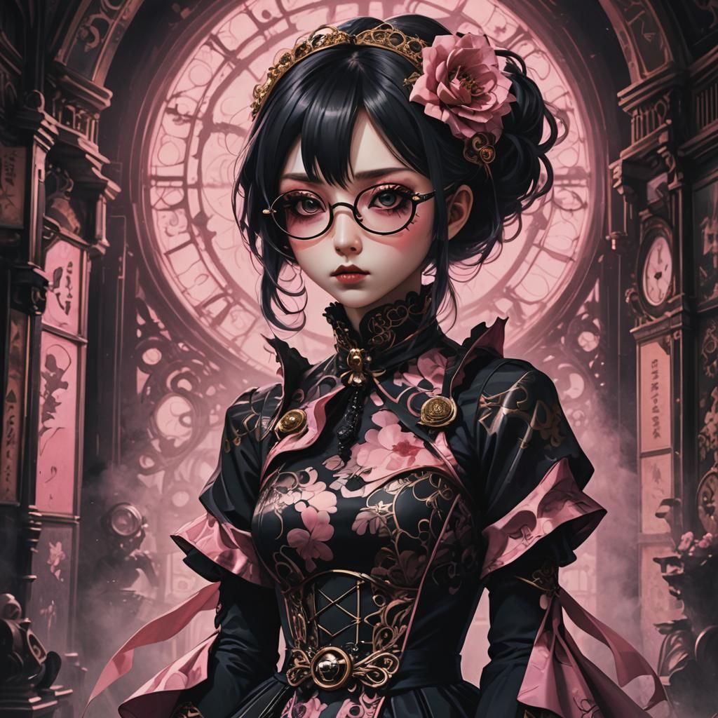 Surreal Anime-Noir: Gothic Girl with Futuristic Glasses