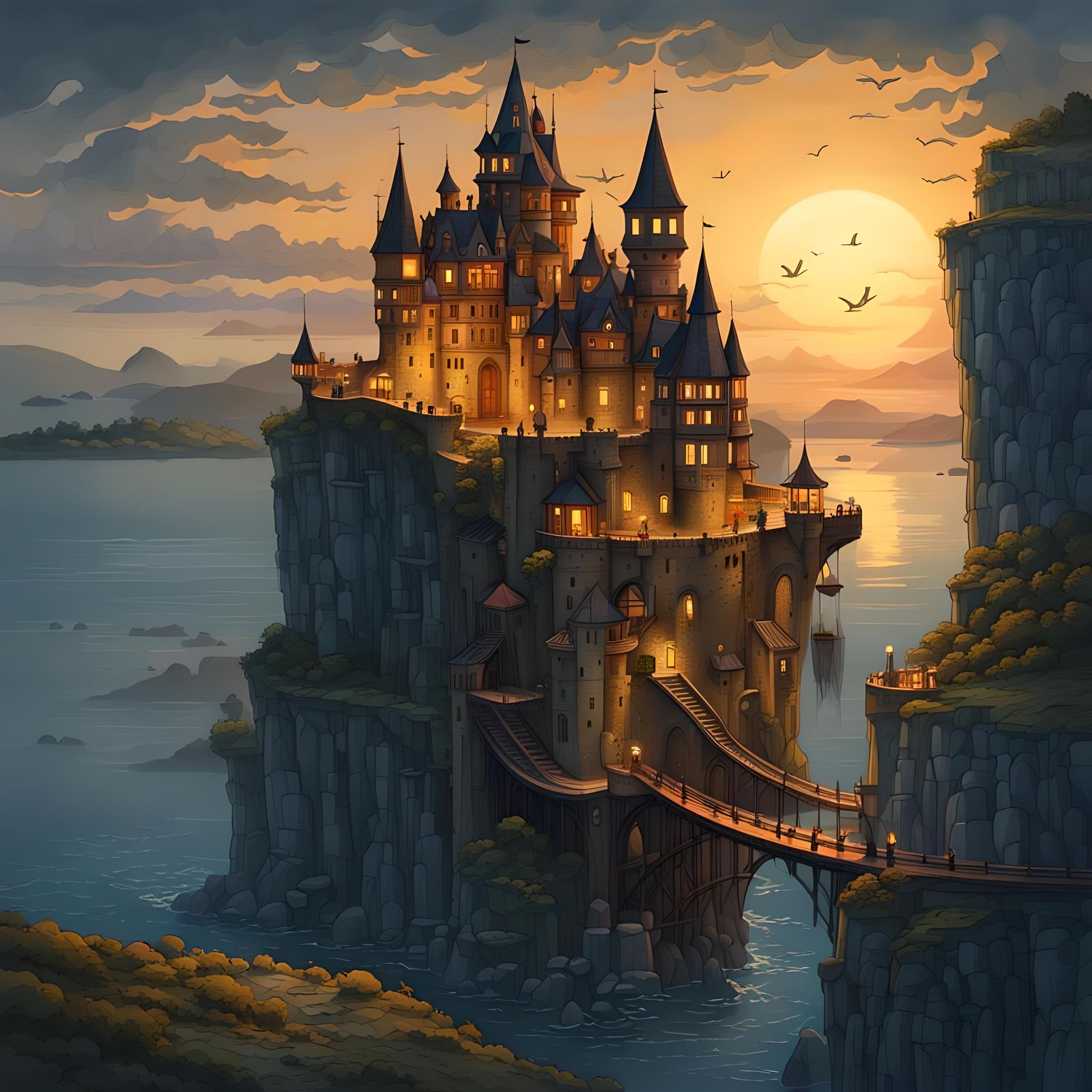 Medieval Castle on Cliff in Gouache Style