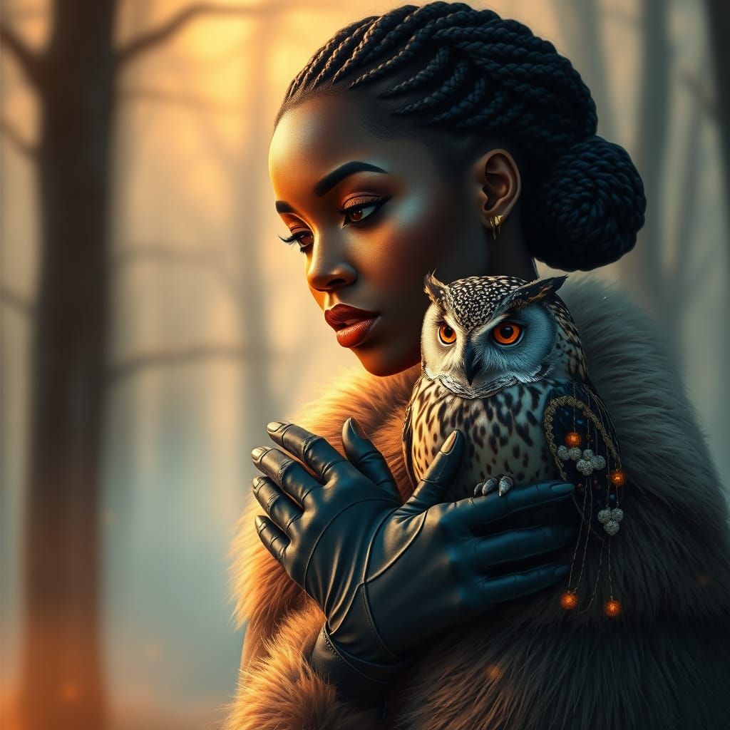Serene African Woman in Pointillism Style with Owl
