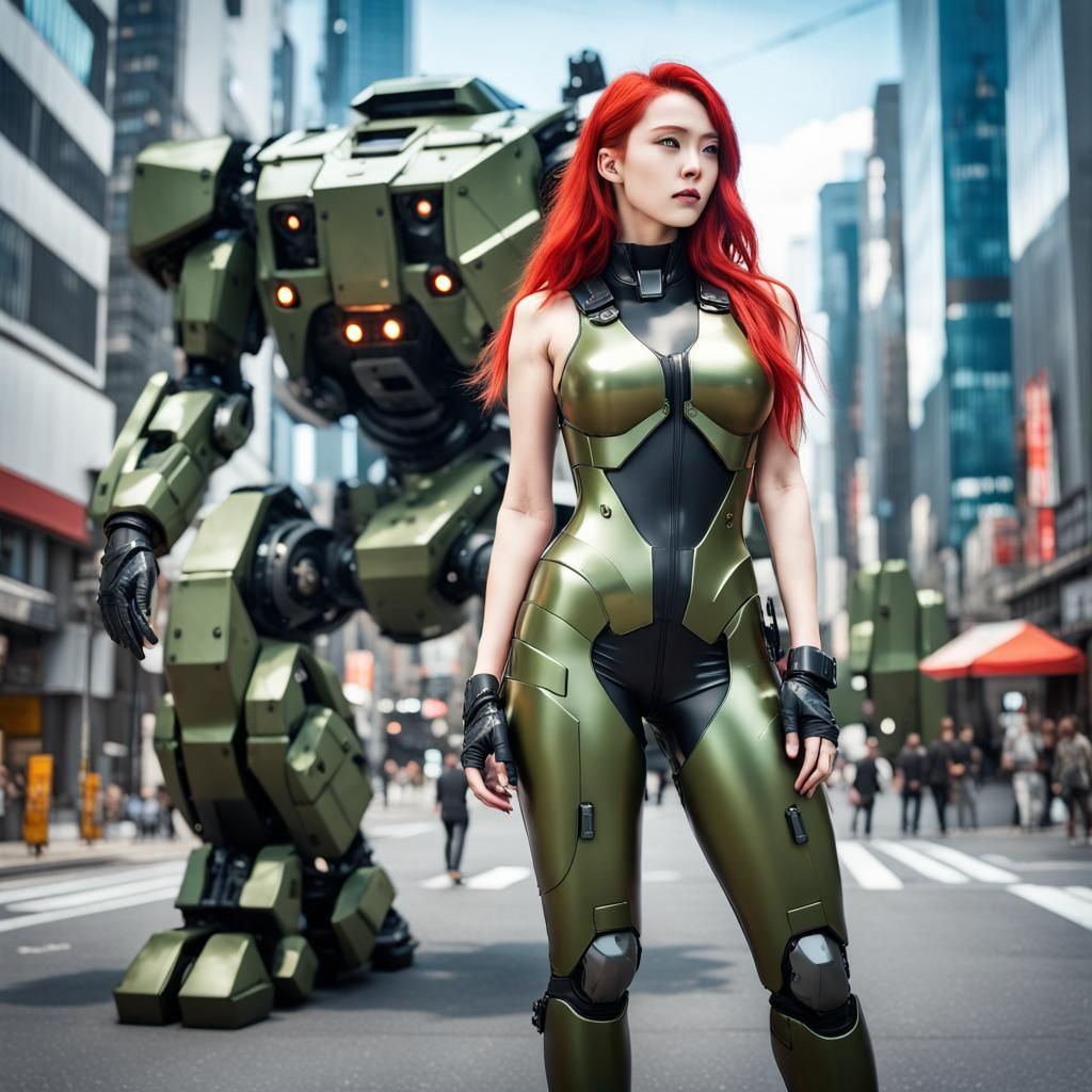 Woman with Robot Tank in Futuristic City