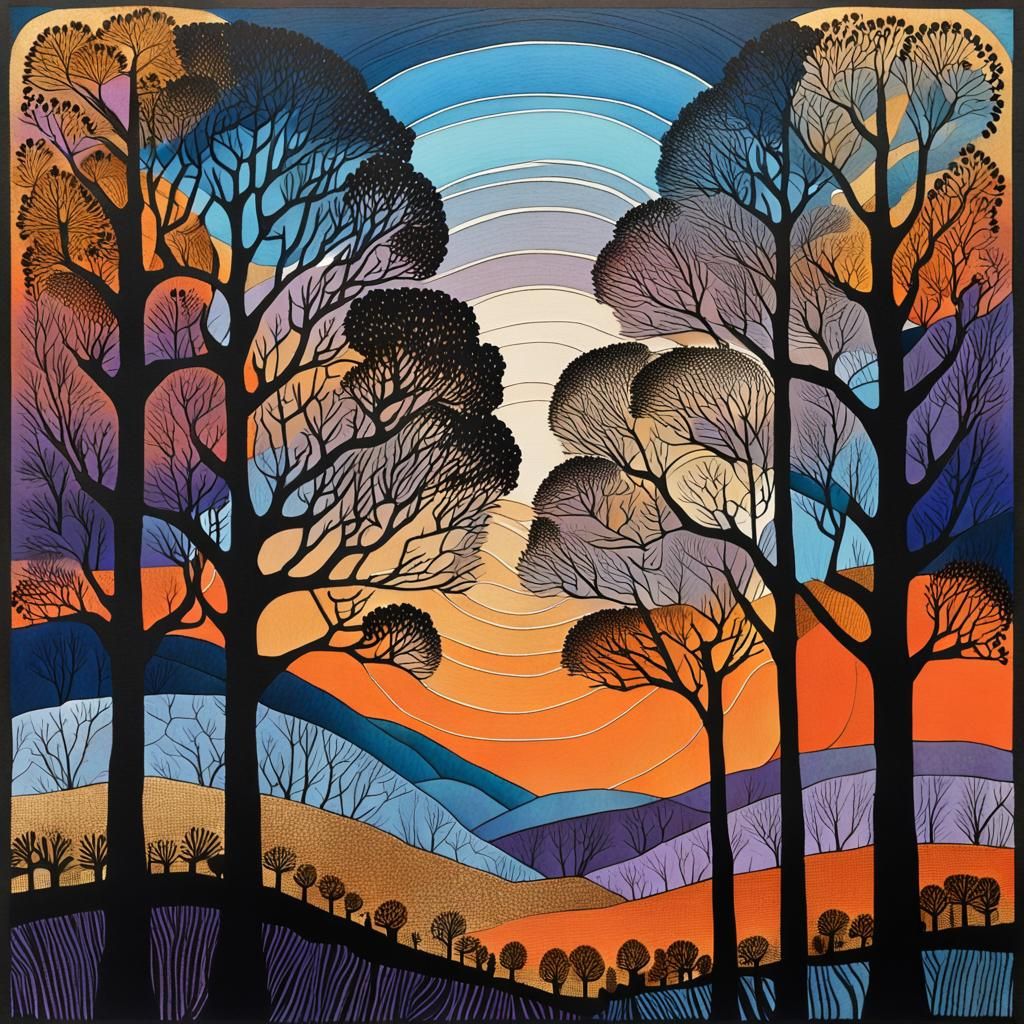 Monochromatic Woodcut Collage of Trees