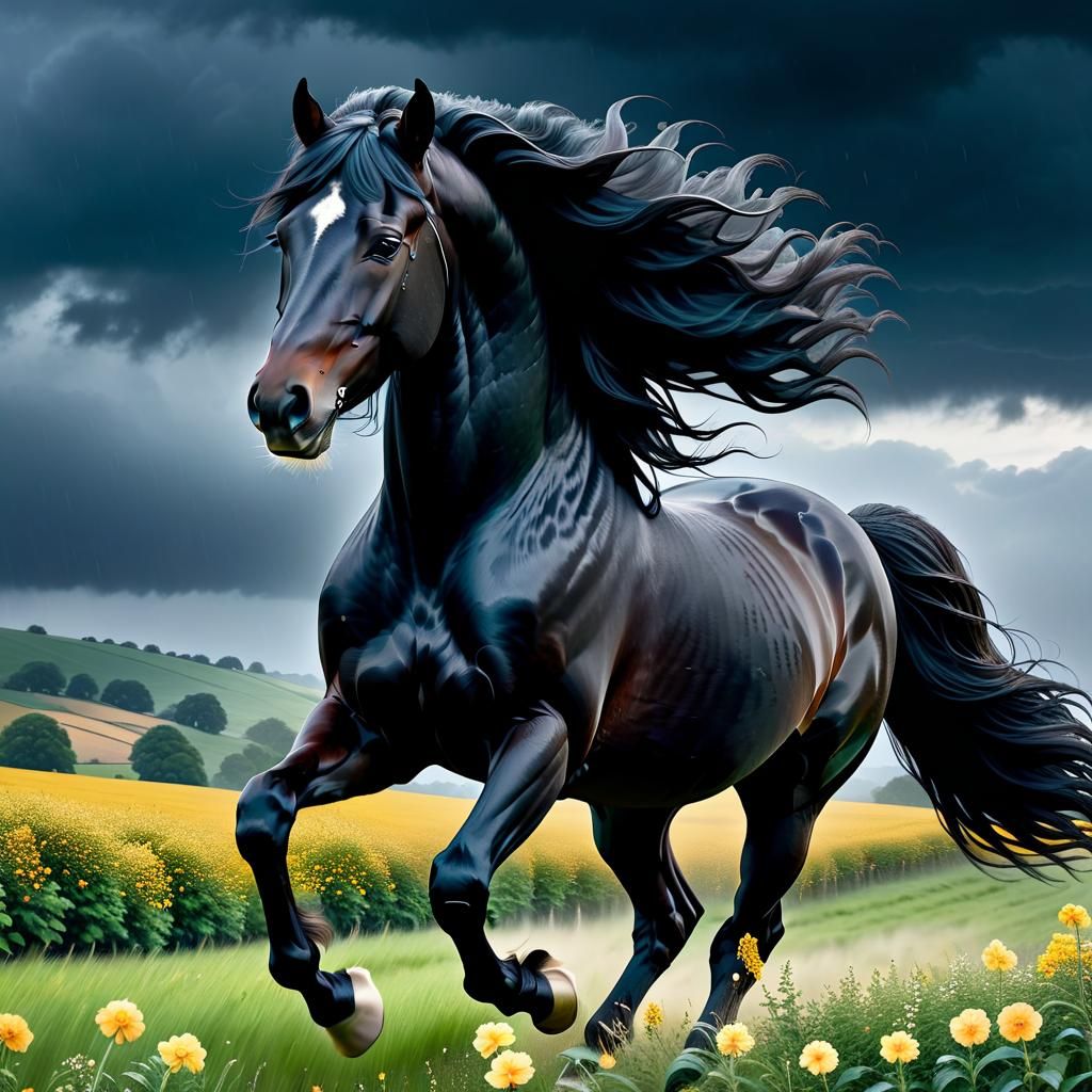 Black Friesian Stallion in Rainy Flower Hills
