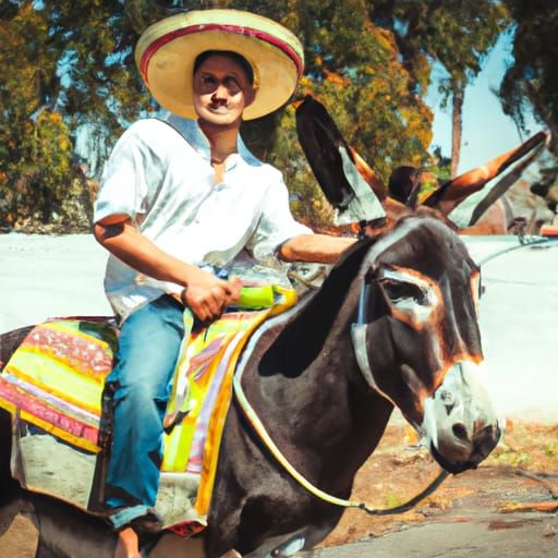 Mexican Man Rides Donkey in Traditional Scene