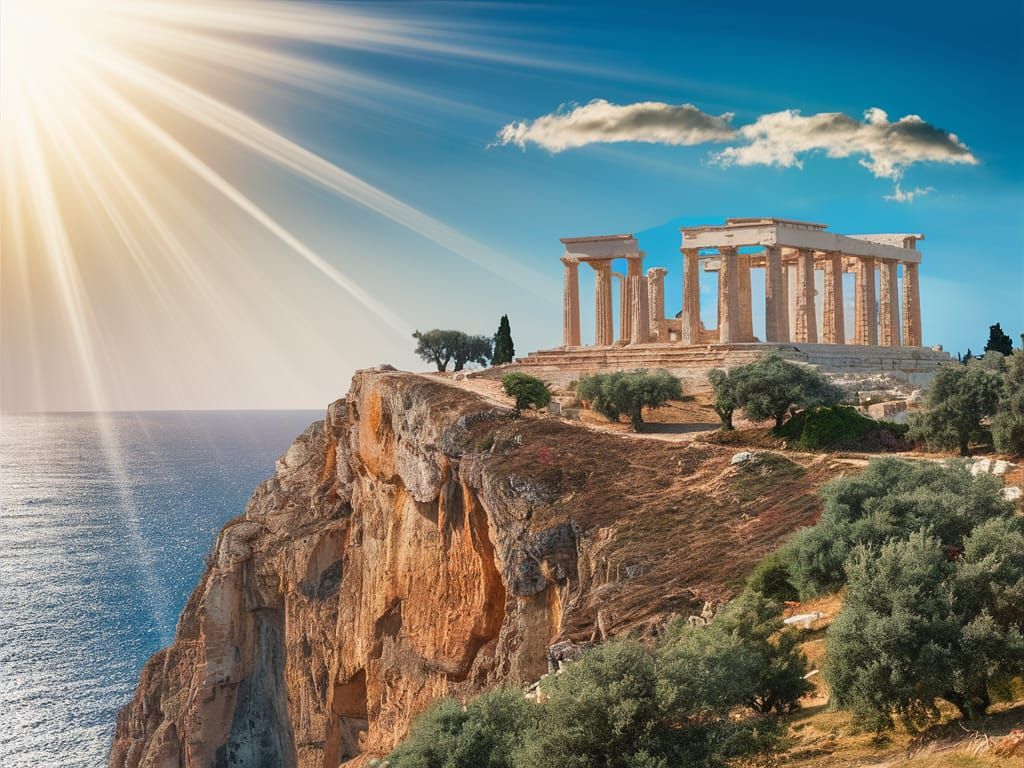 Tholos Temple Overlooking Azure Sea at Sunset
