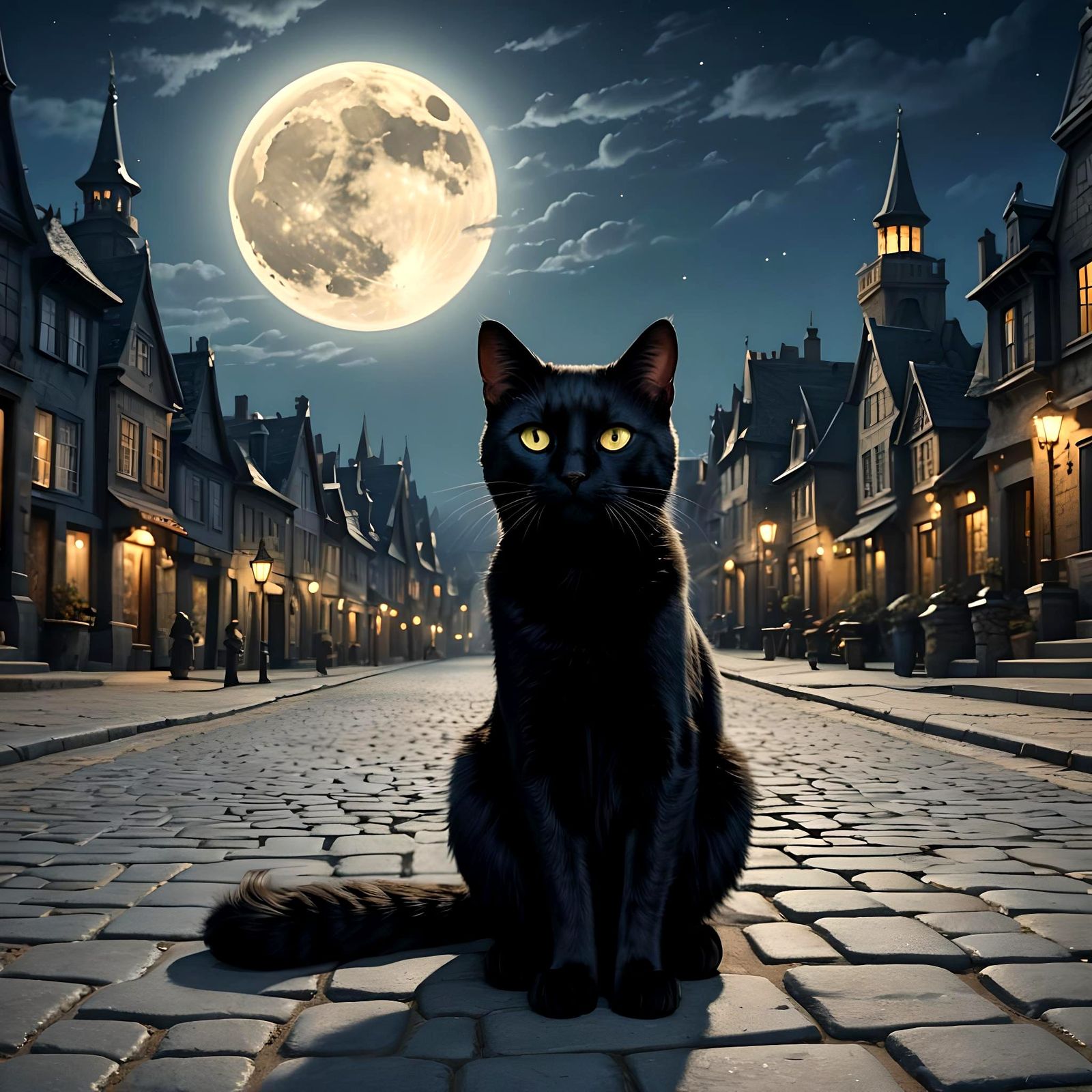 Black Cat at Crossroads in Detailed Matte Painting