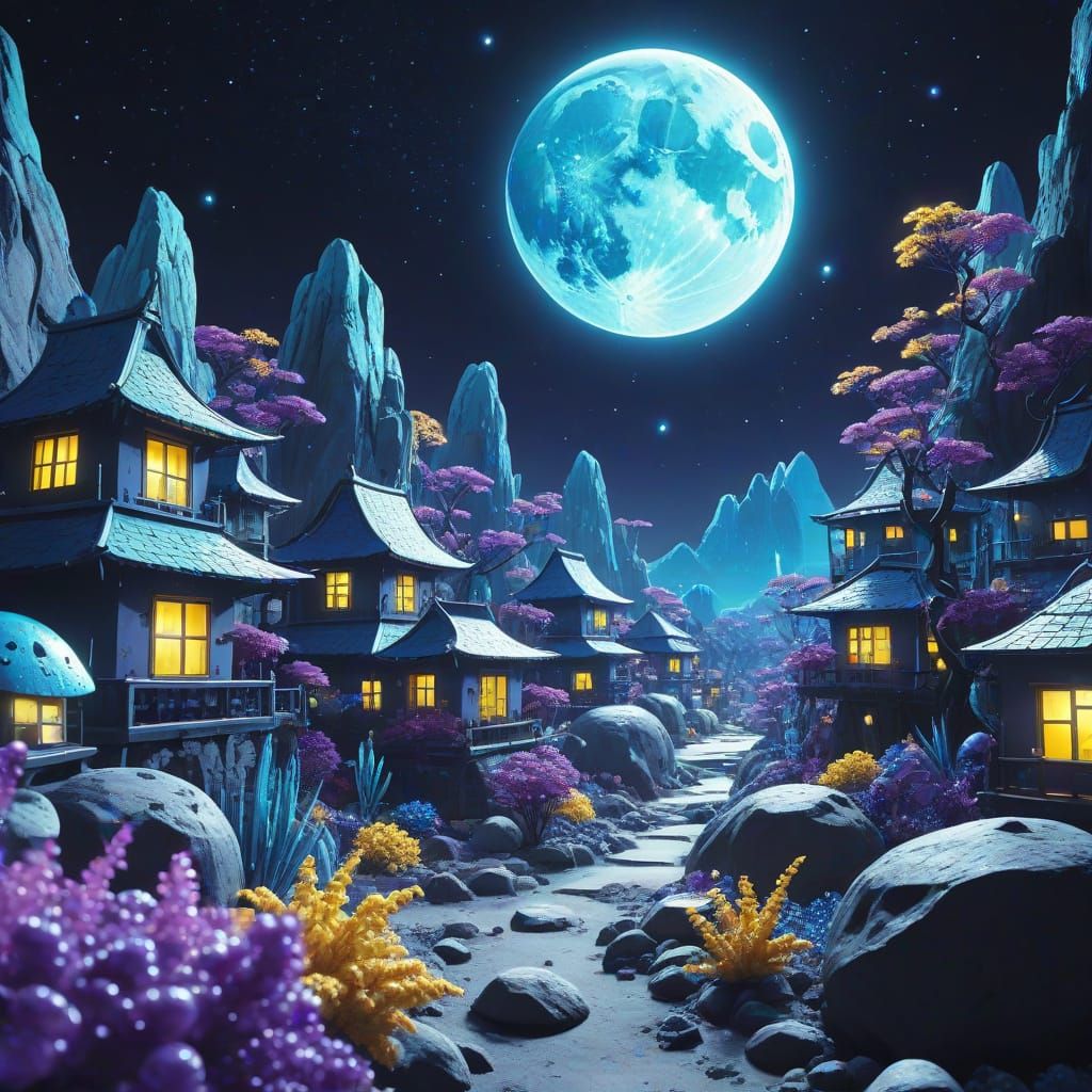 Anime Moon Village with Purple Aliens