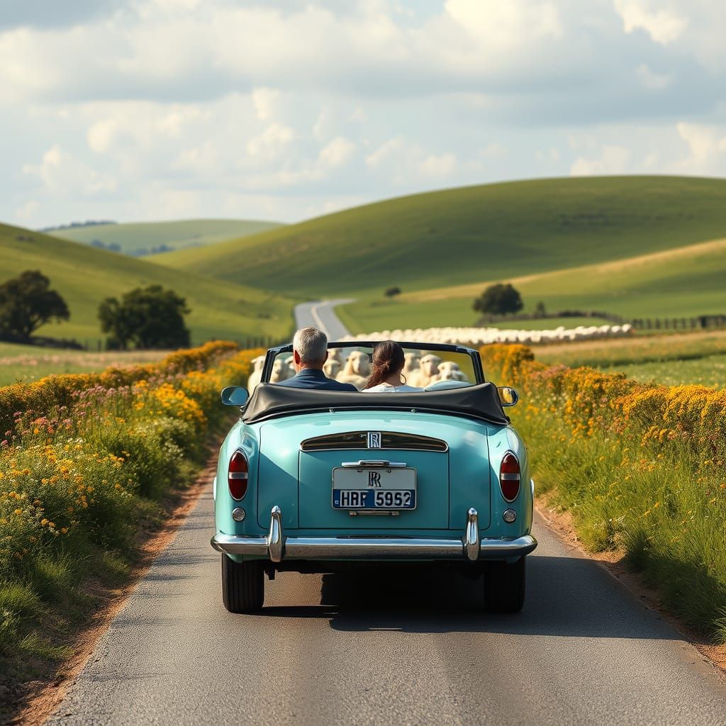 Sheep Block Country Road: Tiffany Blue Rolls Royce Encounter