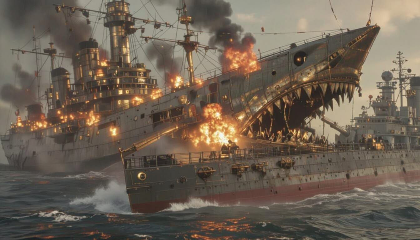 Steampunk Shark Battleship Ramming Ship in Fiery Seas
