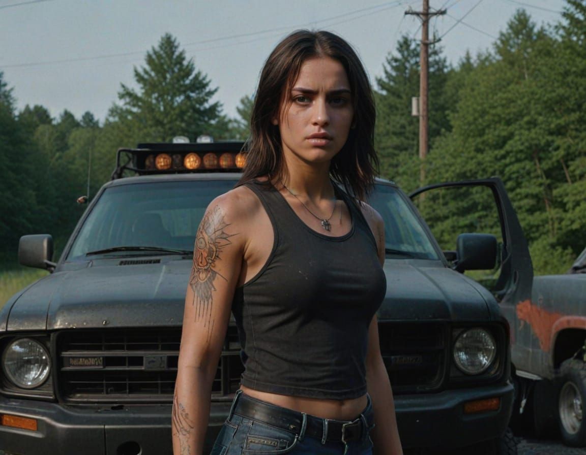 Dark-skinned young female assassin with long straight dark brown hair and thick, dark eyebrows, piercing intense gaze fr...