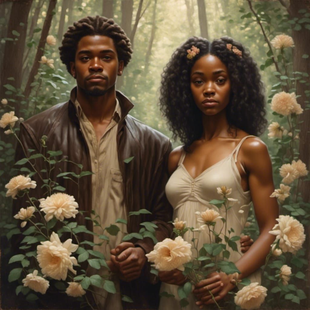 Black Couple with Flowers in Classical Realism Style