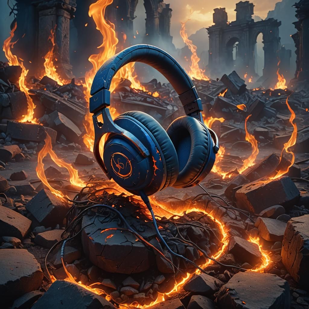 Headphones Ablaze in Mystical Landscape: Fantasy Concept Art