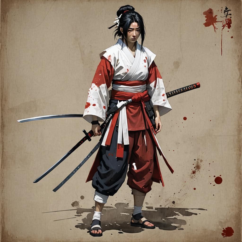 Woman Samurai with Oni Mask in Futuristic Anime Style