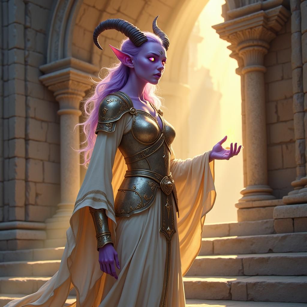 Tiefling Cleric Casts Light Spell in Fantasy City