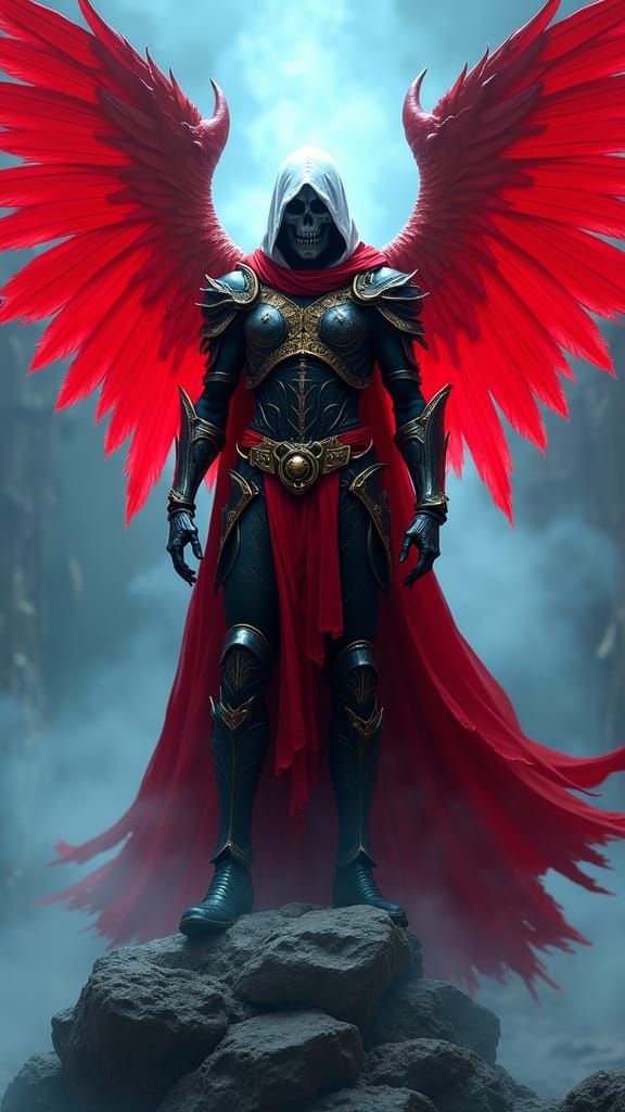 Warrior Angel in Crimson Armor, Ethereal Blue Light