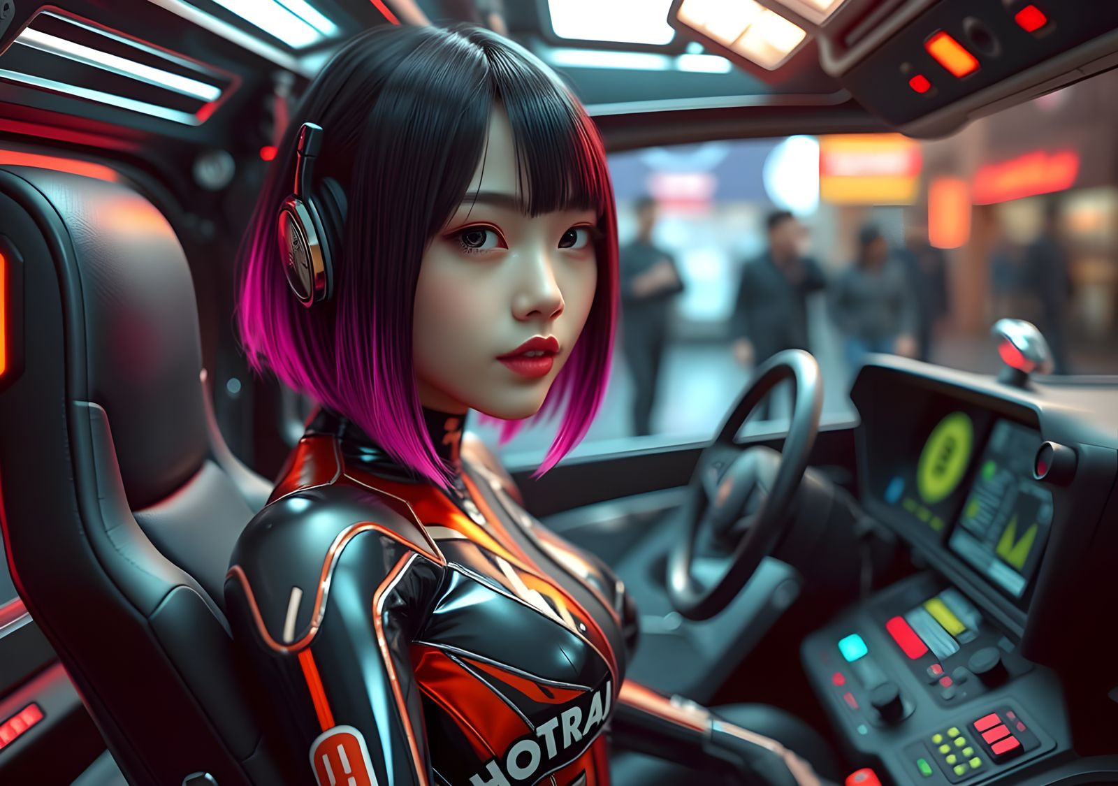 Japanese girl with long multi coloured hair in a cockpit