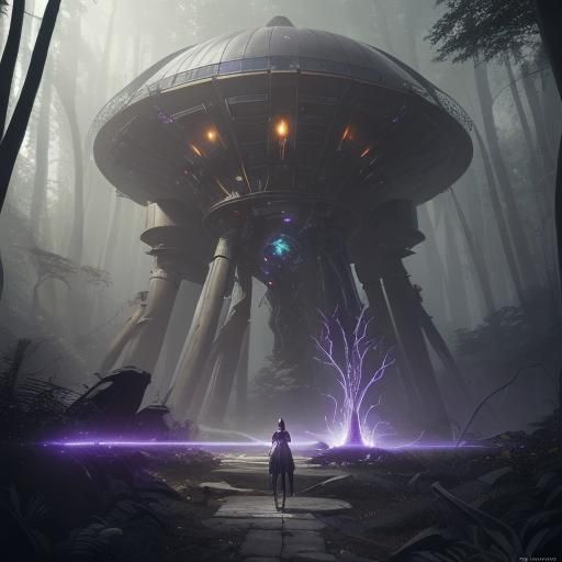 Fantasy Machine Emitting Energy Dome in Forest