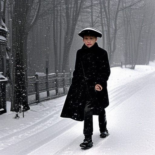 A boy walking home from school in the 1800's