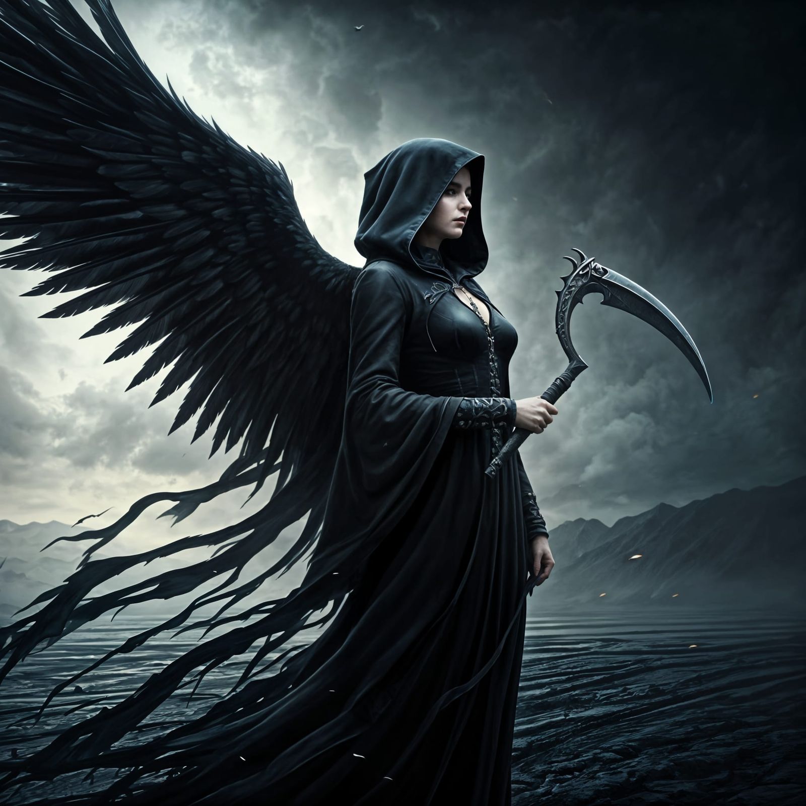 Dark Fantasy Death Goddess in Wizard Robe with Wings