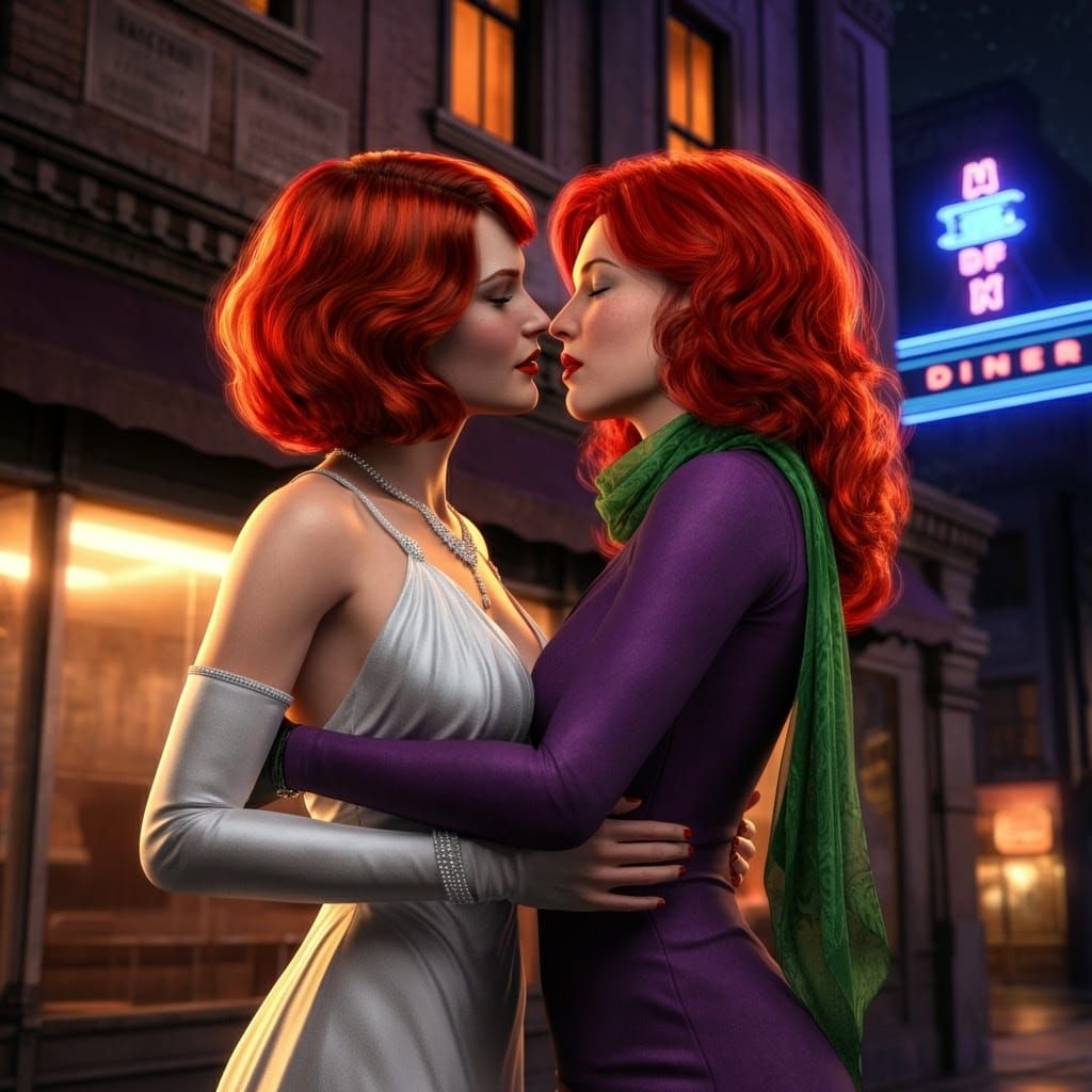 Amorous Redheads Share a Passionate Kiss Under City Lights