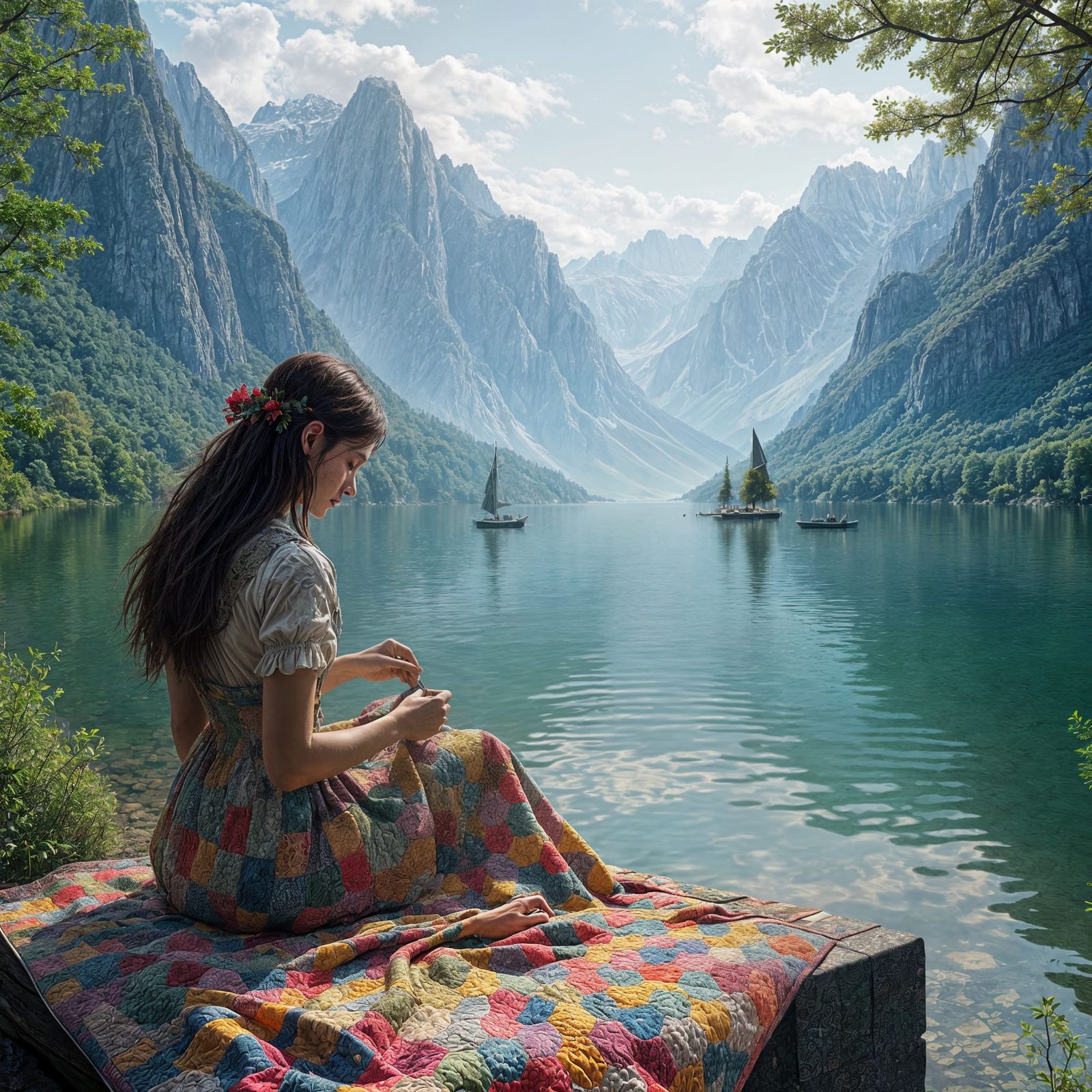 Elegant Woman Hand Sewing Hexagon Quilt Amidst Majestic Lake...