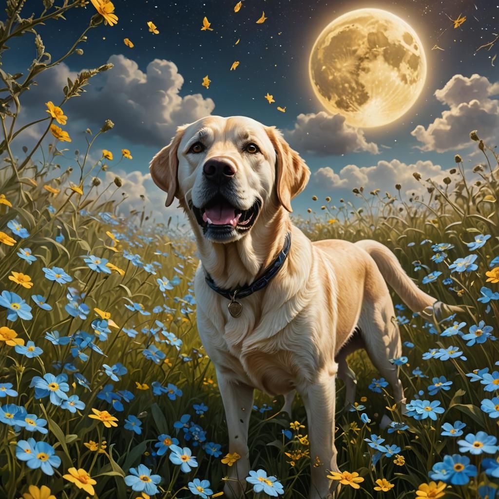Yellow Lab Chasing Moon in Forget-Me-Not Field