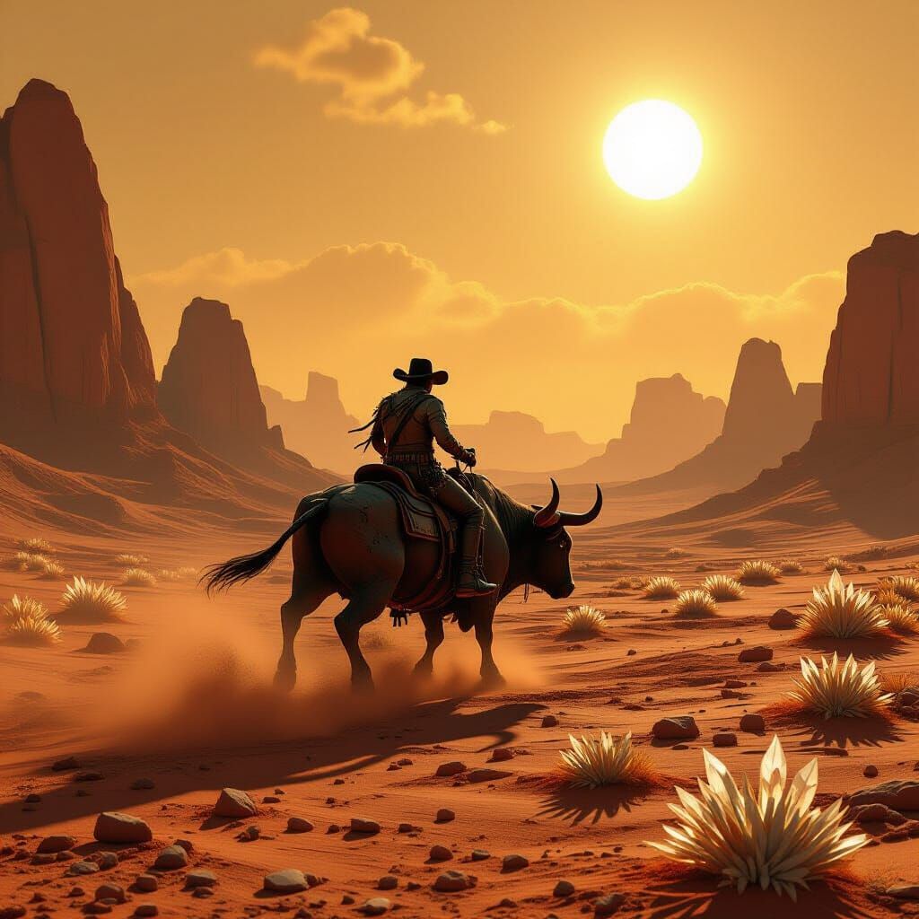 Cowboy Rides Cyber Bull on Alien Planet Under Twin Suns