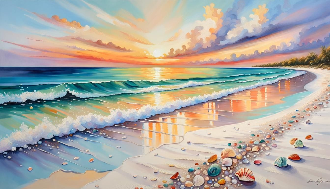 Seashell Beach at Sunset as Impressionist Oil Painting