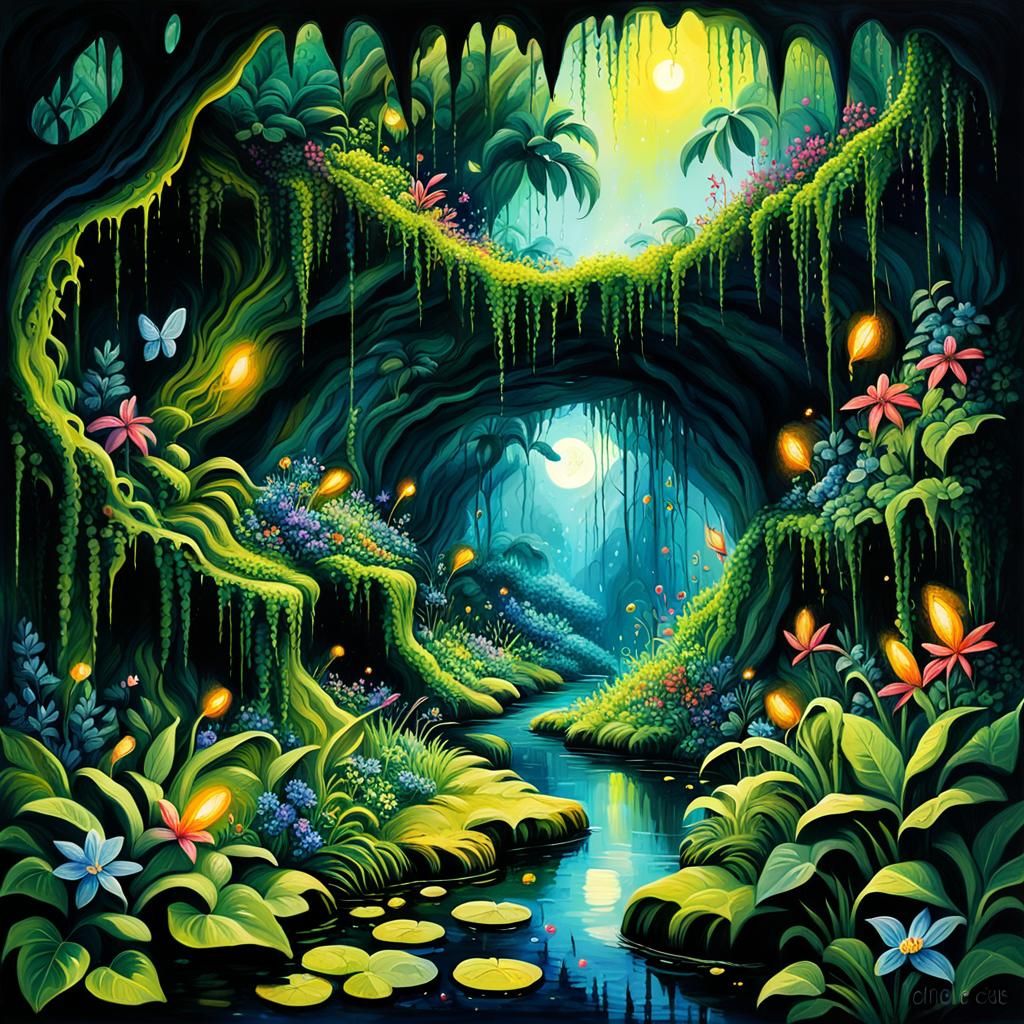 Enchanted Jungle Cavern in Hyperdetailed Splash Art