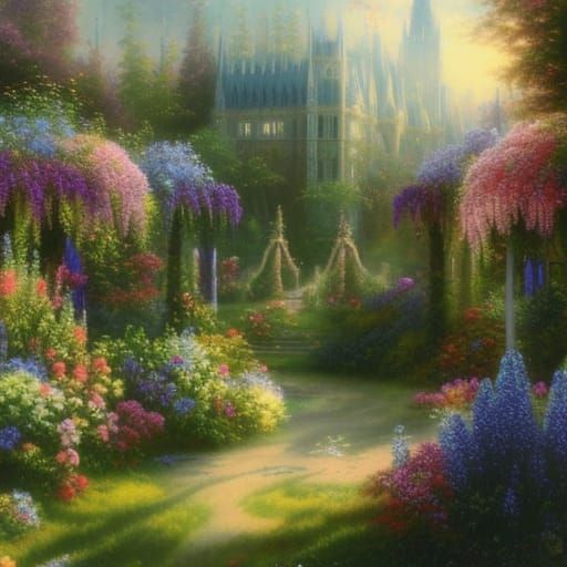 Victorian Garden with Gothic Arches in Sunlight