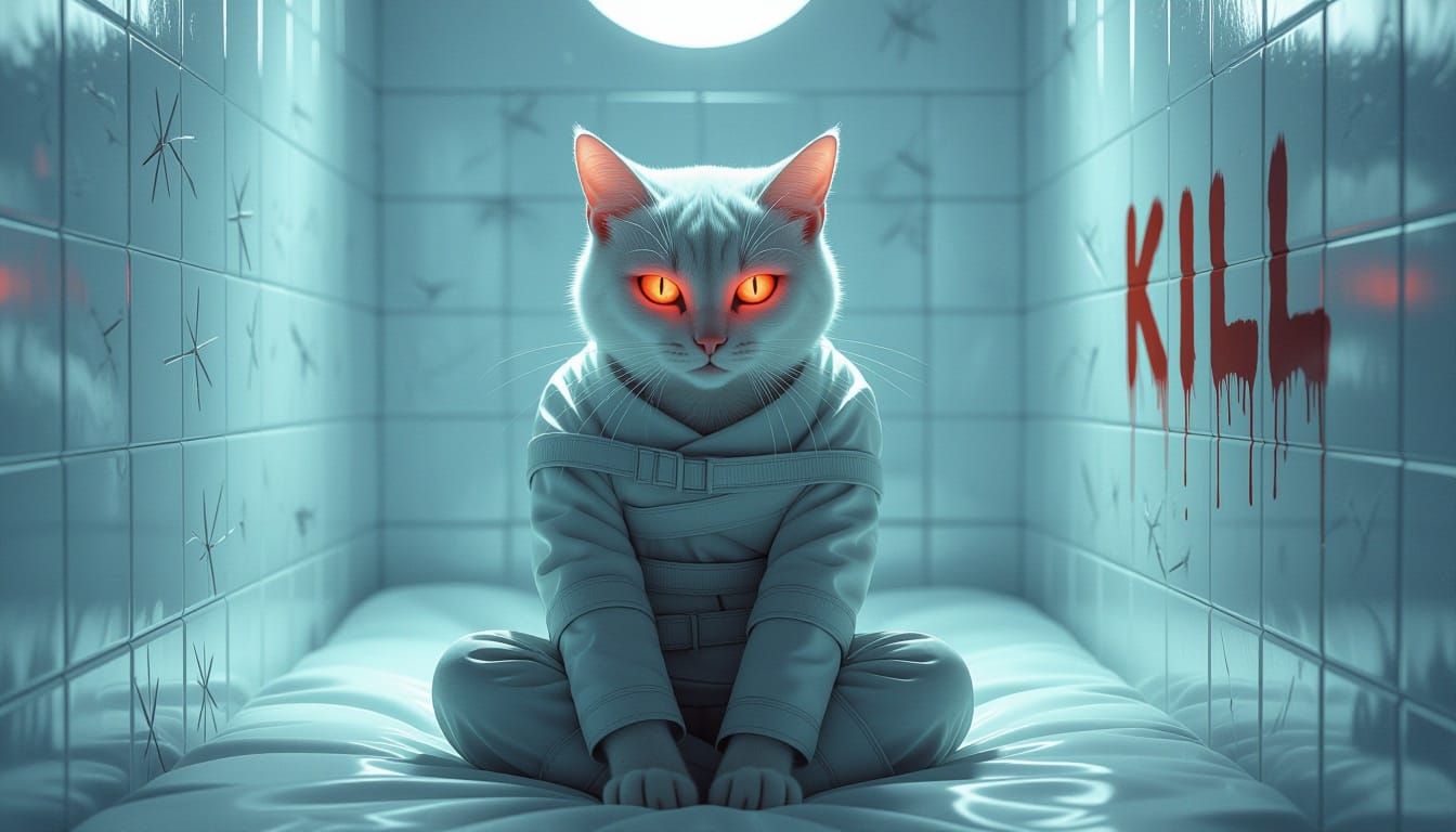 Feral Cat in Straitjacket with Red Eyes