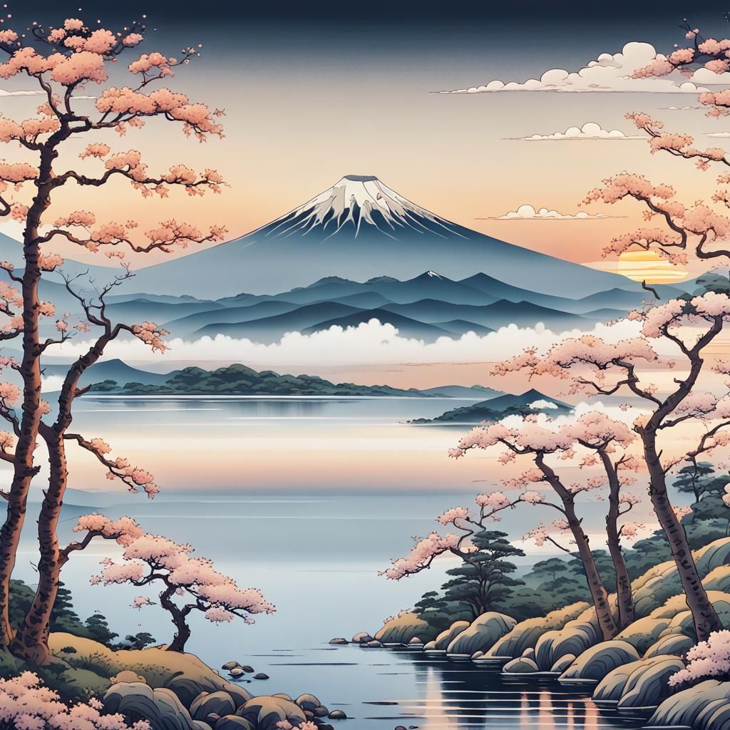 Mount Fuji Landscape in Ukiyo-e Style