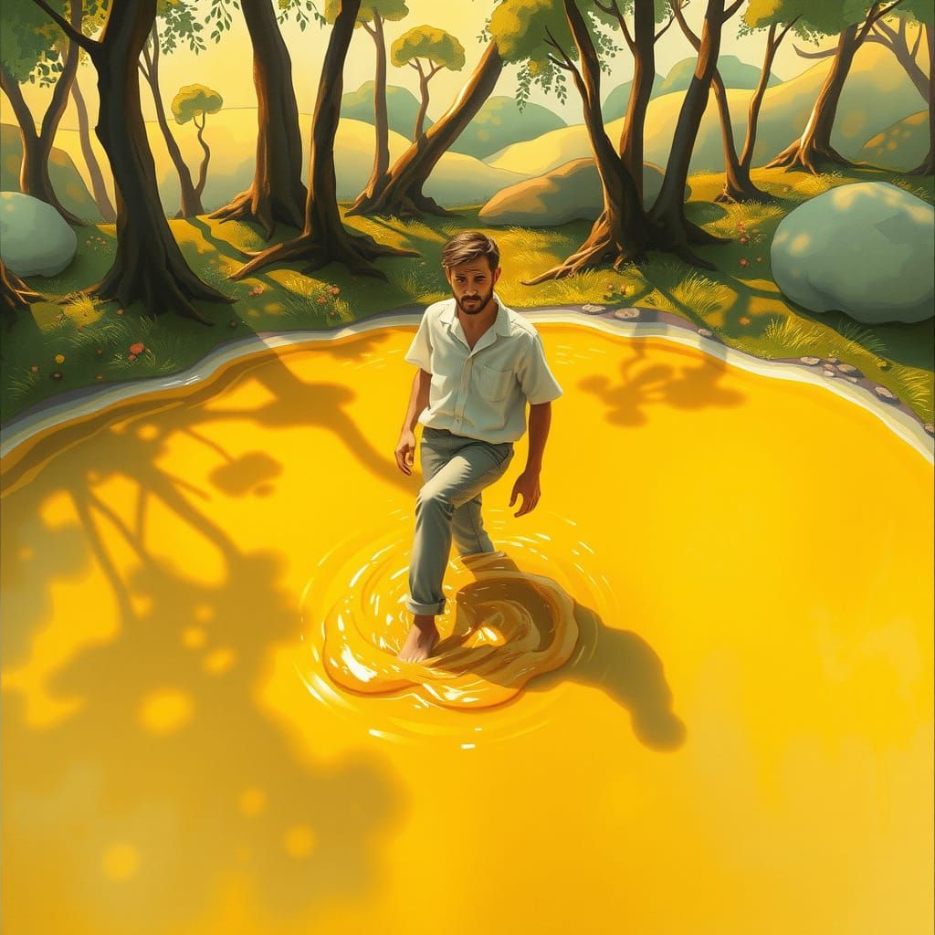 Man Stuck in Golden Honey Pool in Whimsical Forest