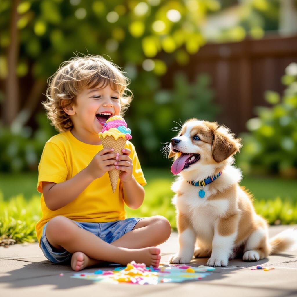 Joyful Child and Puppy Share Ice Cream